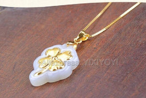 Hetian Jade 18K Inlaid Carved Tree Leaf Pendant Necklace