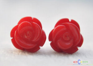 Hand Carved 13mm Red Coral Rose Stud Earring