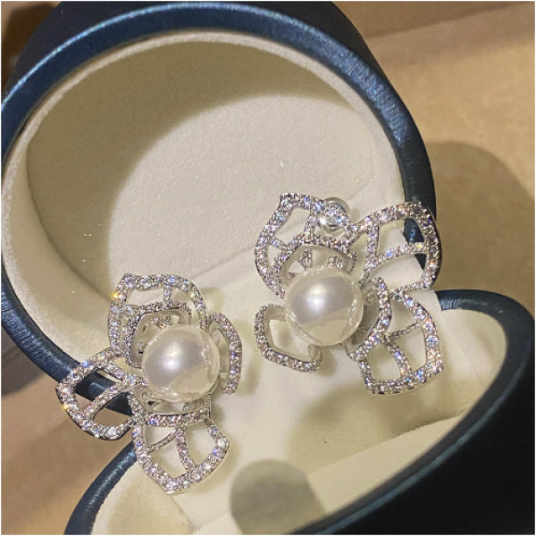 Camellia Flower Pearl Earrings 925 Silver Needle