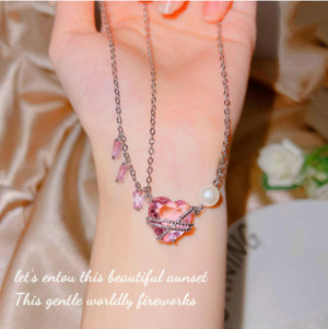 Pink Diamond Love Necklace Sweet Wind Pink Heart Short Pearl Necklace