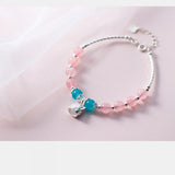 S925 Sterling Silver Pink Strawberry Quartz Crystal Cat Pendant Bracelet