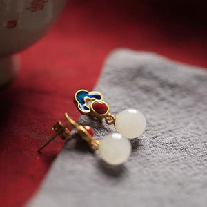 925 Silver Gold-plated Natural Hetian Jade Enamel Xiangyun Women Earrings