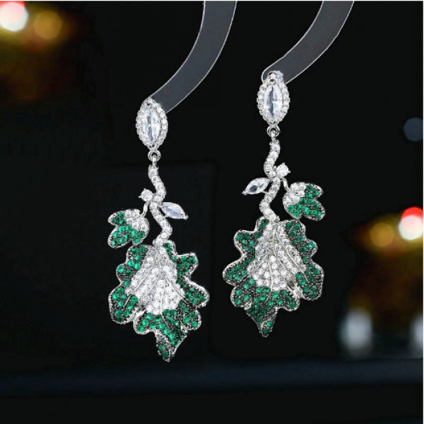 S925 Silver Needle Zircon Leaf Earrings