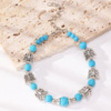 Retro Boho Flower Pine Stone Charm Bangle Bracelet