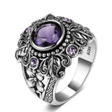 925 Silver Ring 8MM Vintage Tree Leaf Flower Purple Stone Gemstone Anniversary