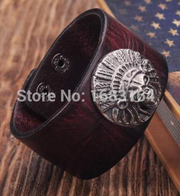 Brown Biker Indian Skull Studded Men's Leather Bracelet Cuff