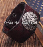 Brown Biker Indian Skull Studded Men's Leather Bracelet Cuff