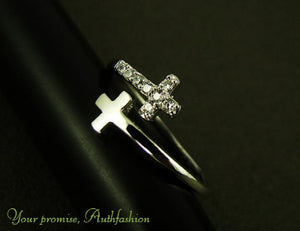 Women's Double Cross Ring Crystal Silver Rhodium Plated Adjustable