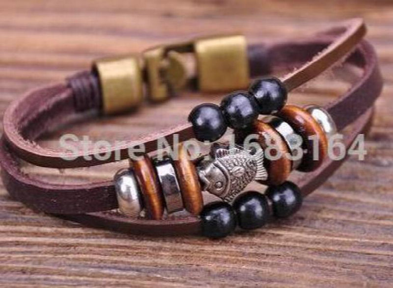 G70 Bronze Surfer Hemp Leather Wood Beads Wristband Bracelet Cuff Fish