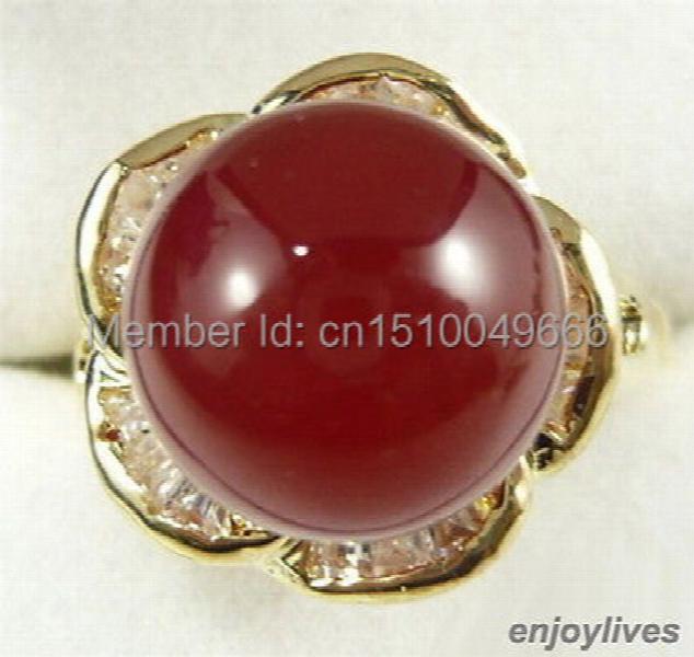 Red Jade 18KGP Crystal Flower Ring Size 7 8 9
