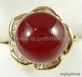 Red Jade 18KGP Crystal Flower Ring Size 7 8 9