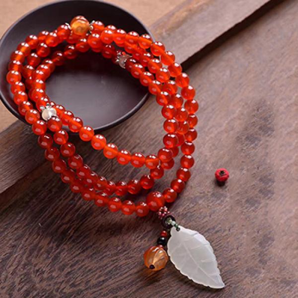 Red Crystal Bracelets 108 Round 6mm Buddha Beads Lucky Leaf Pendant