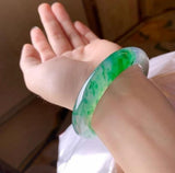 Zheru Jewelry Natural Burmese Jade 54-64mm Light Green Flower Bangle