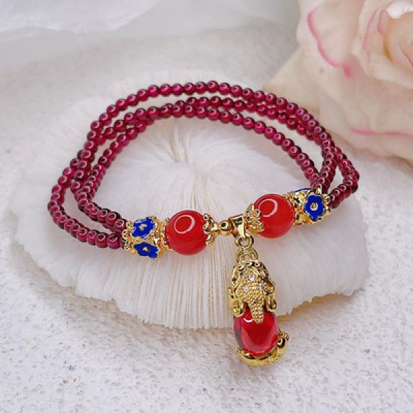 Three Circles Garnet Bracelet Lucky Pixiu Natural Stone Bracelets Women Jewelry