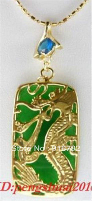 Green Stone Dragon Pendant Necklace + Chain