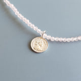 3mm Gemstone Aquamarine Peridot Rose Quartz 925 Silver Coin Vintage Necklace