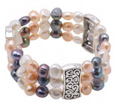 Colorful Natural Pearl Bracelet 3 Strands 8-9mm Adjustable Elastic