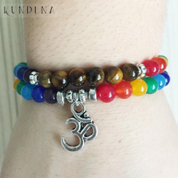 Double Wrap Om Bracelet with Yoga Chakra Beads & Amethysts Tiger Eye for Women