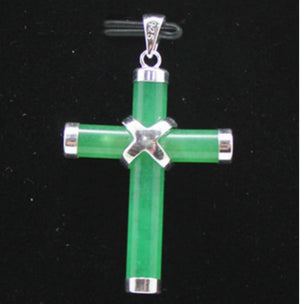 925 Sterling Silver Green Jade Cross Pendant Necklace