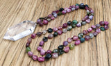 Natural Double Quartz Pendant Necklace with Tourmalines Chips Stone Beads