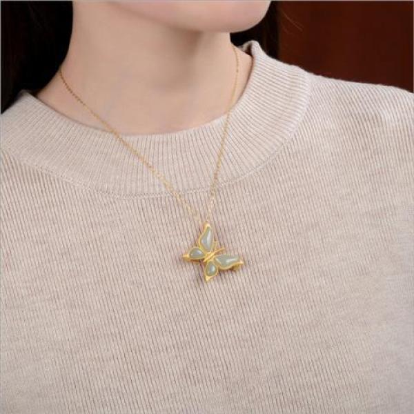Gray Jade Butterfly Pendant Brooch Silver Plated Hetian Jade Butterfly Dance