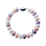 925 Silver Pearl Bracelet, 8-9mm Freshwater Pearls, White Pink Purple Mix