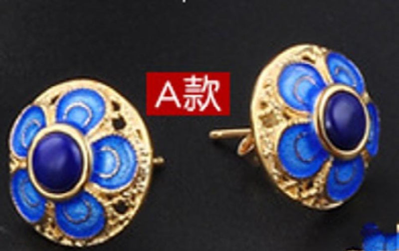 S925 Cloisonne Earrings Lapis Lazuli Red Enamel Ear-studs