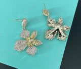 14K Real Leaf Flower Emerald Crystal Earrings