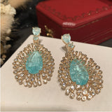 Green Water Drop Earrings Exaggerated Fireworks Flash Zircon S925 Silver Needle