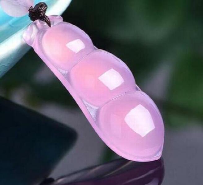 Chinese Statue Icy Agate Jade Amulet Pink Beans Pendant