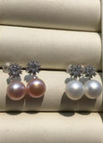 925 Silver Women's Snowflake Crystal Pink Freshwater Pearl Earring