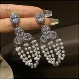 Women Large Round Diamond Pearl Tassel Earrings