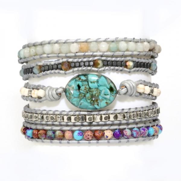 Mixed Natural Stones Charm 5 Strands Wrap Bracelets Boho Leather Bracelet