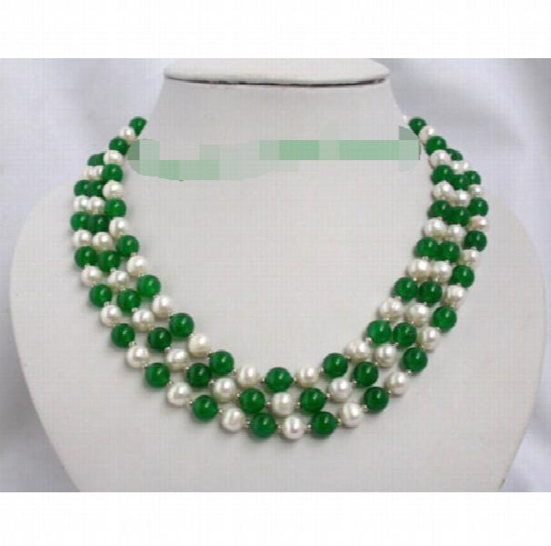 8mm Round Freshwater Pearl and Green Stone Necklace