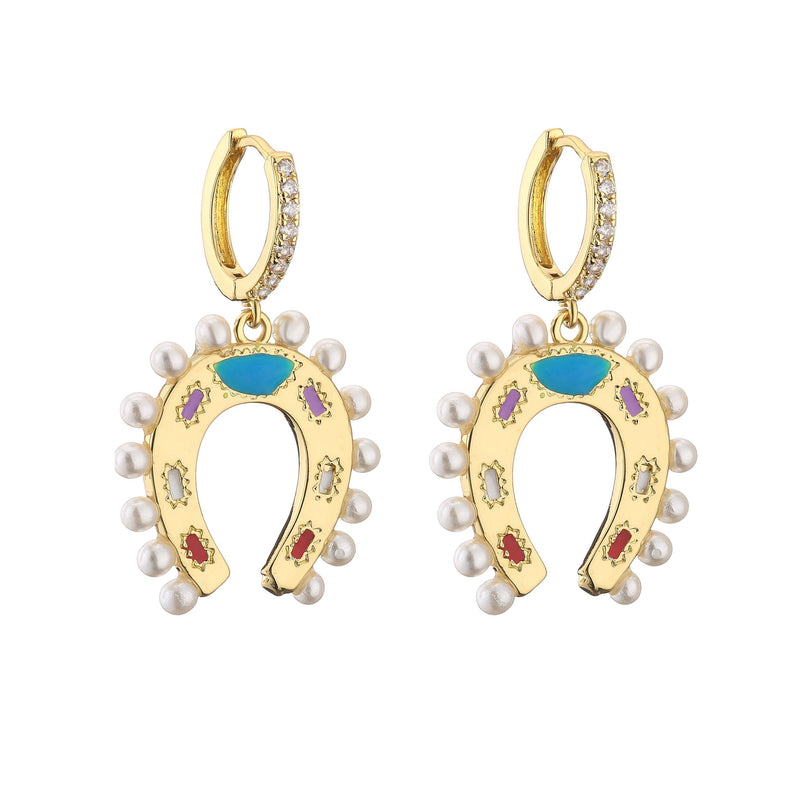 HECHENG Pearl Earring, Horseshoe Pendant Colorful Earrings for Women