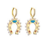 HECHENG Pearl Earring, Horseshoe Pendant Colorful Earrings for Women