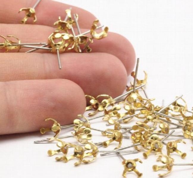 50 Stainless Steel Earring Posts with 6mm Raw Brass, DIY Jewelry Making Supplies