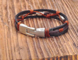 G154 Black-Orange Leather Hemp Surfer Wristband Bracelet Cuff Metal Clasp Mens