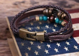 G77 Ethnic Wood Beads Hemp Leather Bracelet Cuff