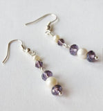 Lavender Crystal Bead Freshwater Pearl Silver Dangle Earrings
