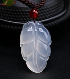 Natural Chalcedony Glass Carved Leaves Pendant for Women DIY