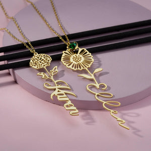Personalized Birth Flower Name Necklace with Birthstone