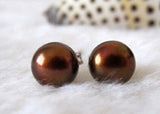 8-10mm Brown Shell Pearl Silver Stud Earrings