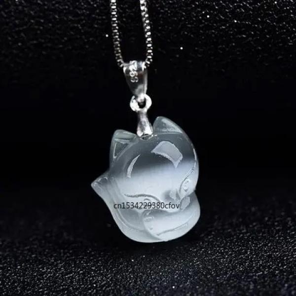 Cat Eye Stone Fox Pendant Necklace Chinese Hand-Carved Healing Luck Gift