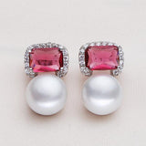Ruby Pearl Earrings 925 Sterling Silver Real Freshwater Pearl Stud Earrings