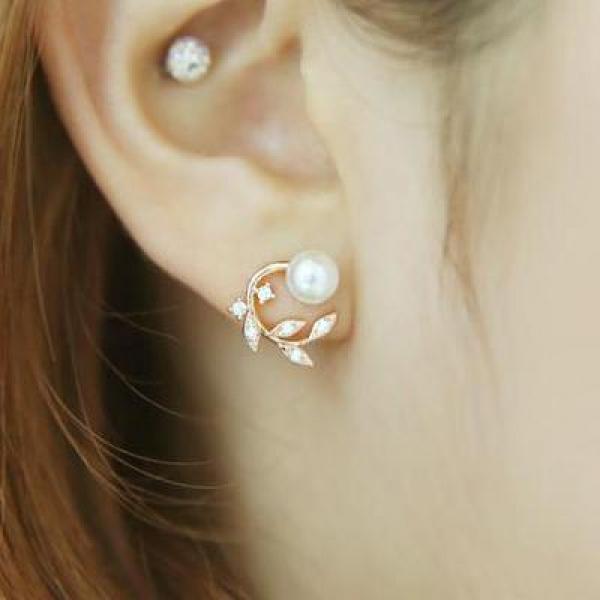 925 Silver Leaf Earrings Crystal Women Girls Gift Jewelry