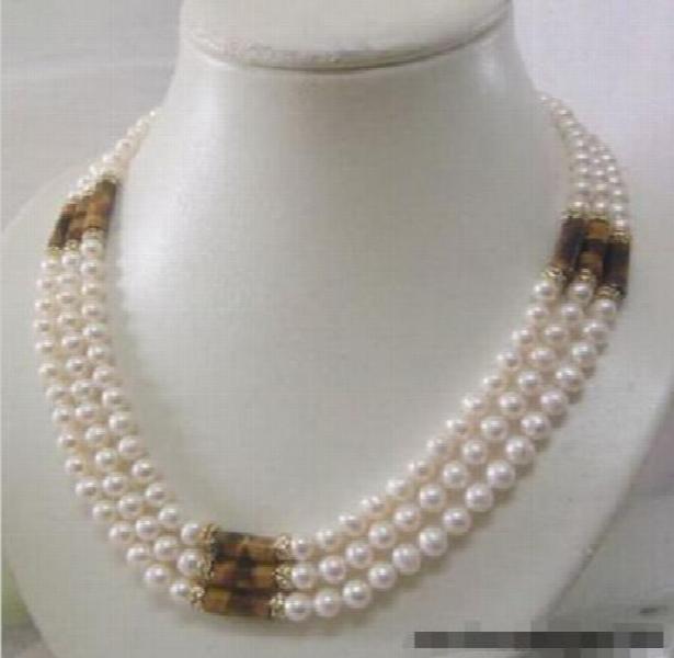3-Row Real Pearl Tigereye Opal Crystal Necklace