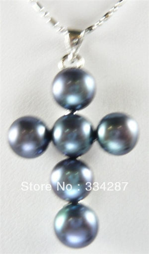 White/Black Pearl Bead Cross Pendant Chain Necklace