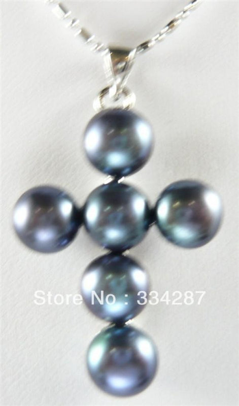 White/Black Pearl Bead Cross Pendant Chain Necklace