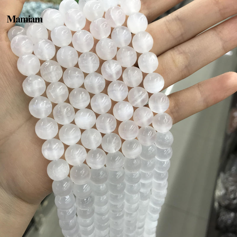 Selenite Calcite Beads Smooth Round Loose Stone DIY Bracelet Necklace